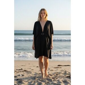 Miraclesuit Women Black V-Neck Kaftan Swim Cover Up Ring Detail 68999 Size S
